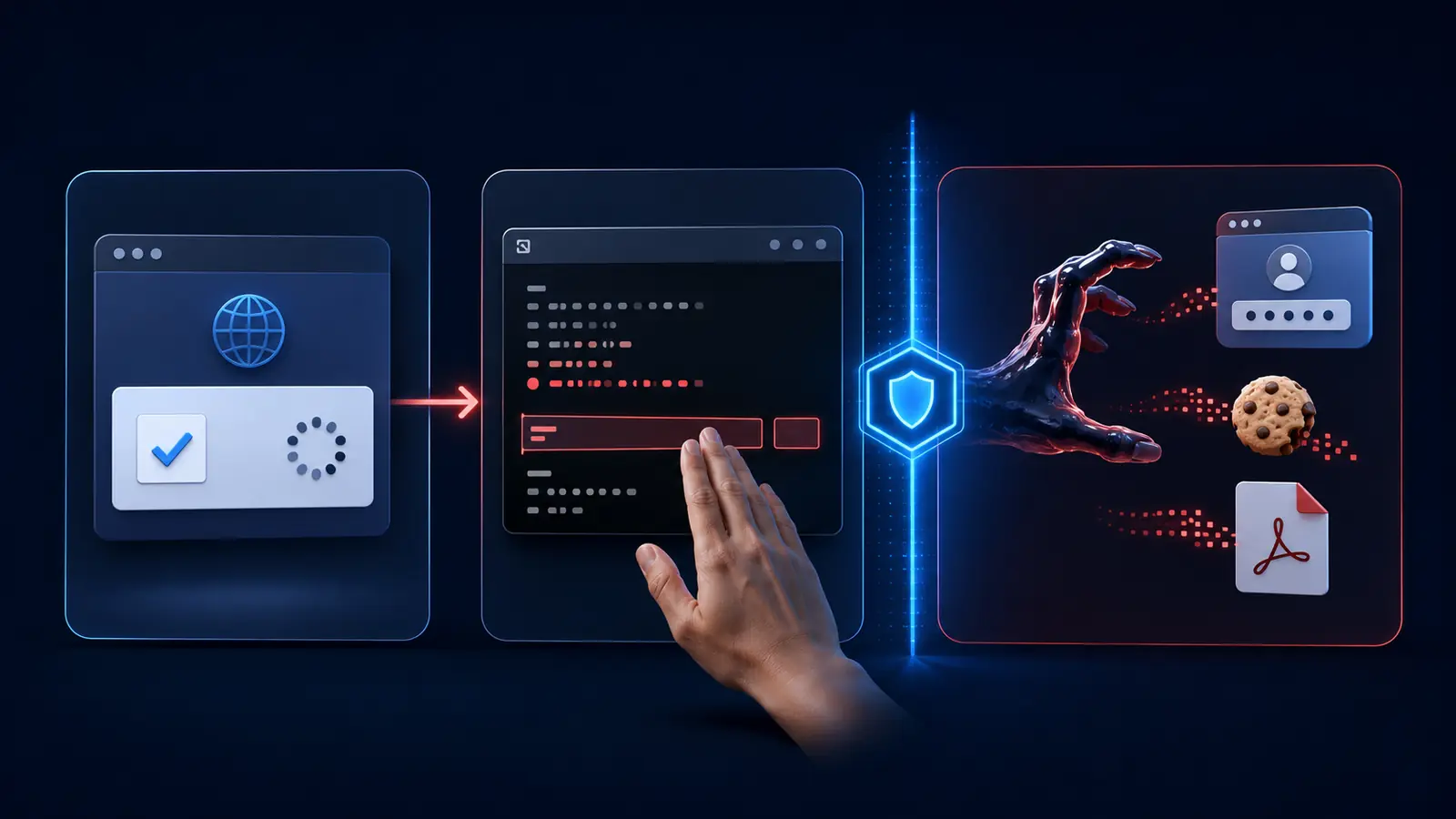 ClickFix attack chain: fake verification, command execution, and an attempt to steal browser data and documents.