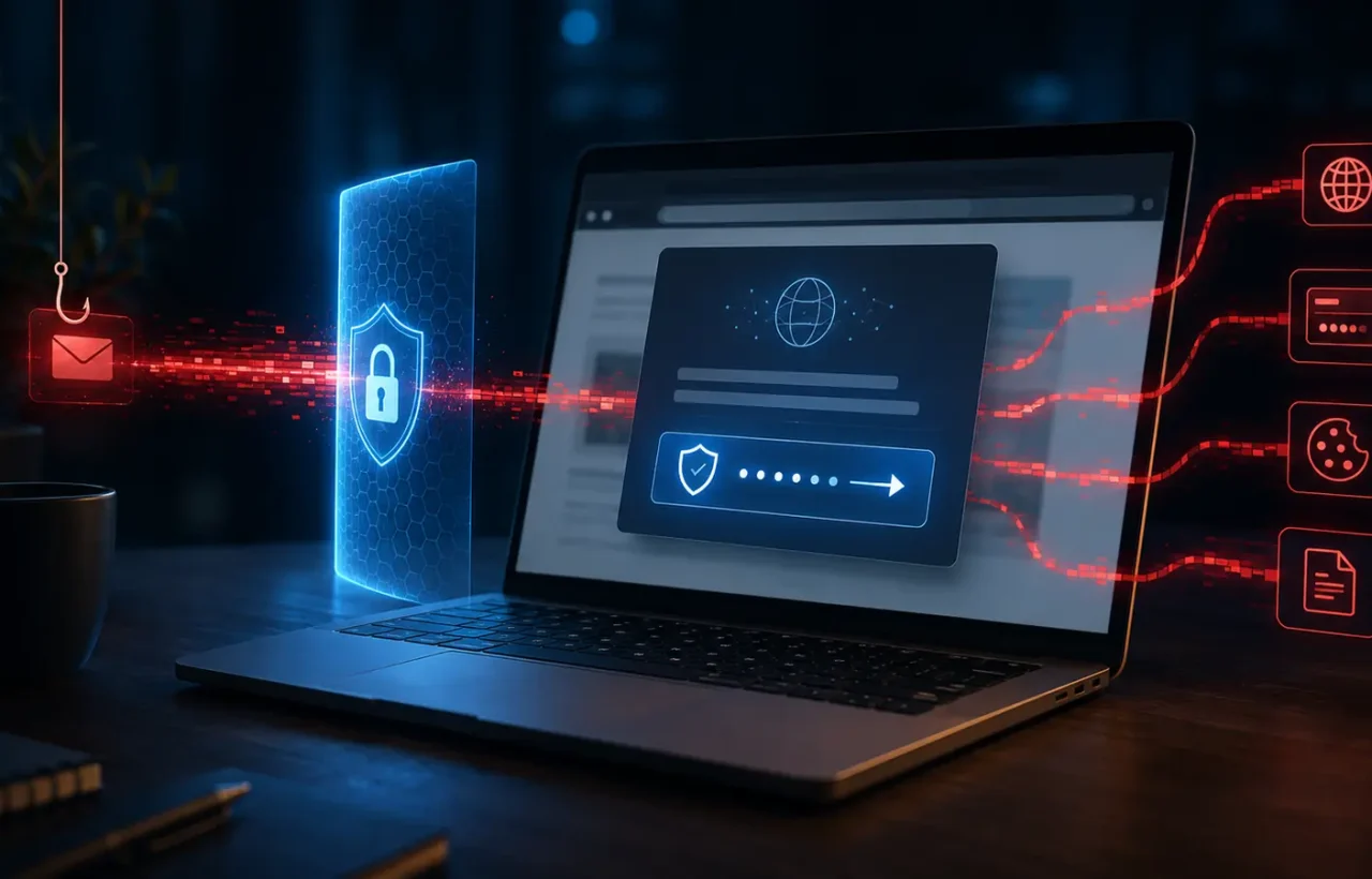 A fake ClickFix verification window beside a laptop warning that passwords, cookies, and documents may be stolen.