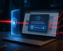 A fake ClickFix verification window beside a laptop warning that passwords, cookies, and documents may be stolen.