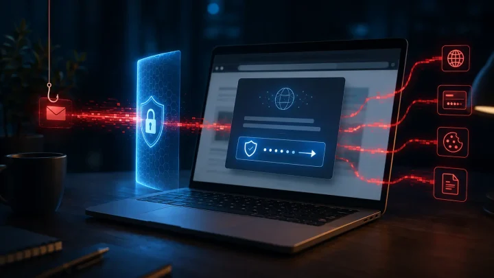 A fake ClickFix verification window beside a laptop warning that passwords, cookies, and documents may be stolen.