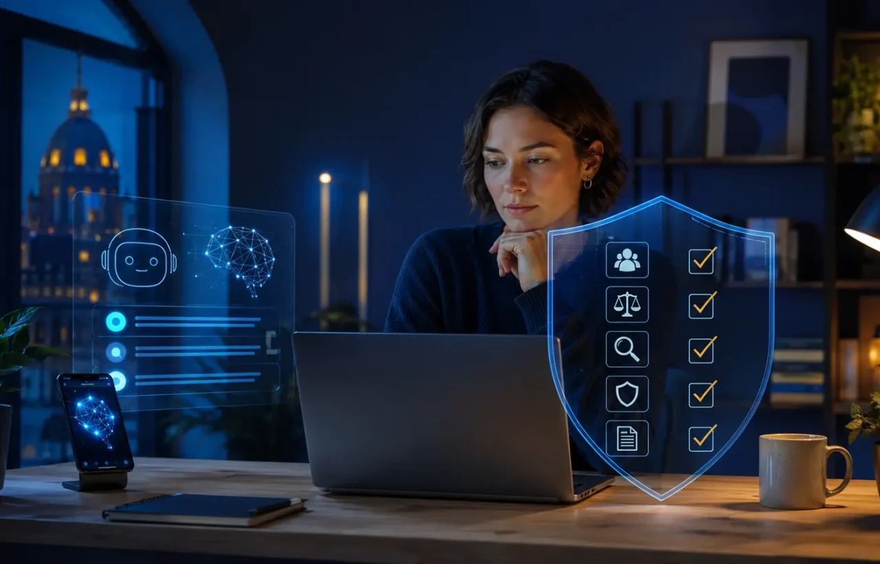 An editor checks AI-chat, synthetic-image, and AI-text disclosures before 2 August 2026.