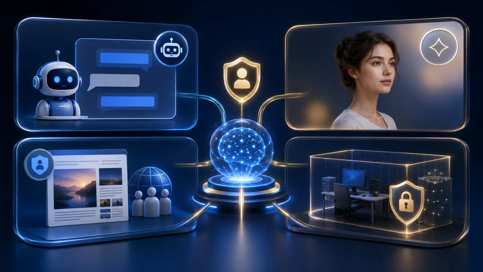 Four AI-transparency scenarios: AI chat, synthetic media, public-interest AI text, and a protected internal workflow.