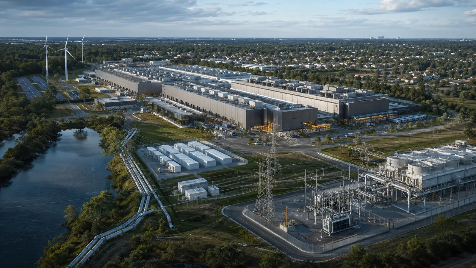 A data center beside a power grid, wind turbines, a body of water and a residential community.