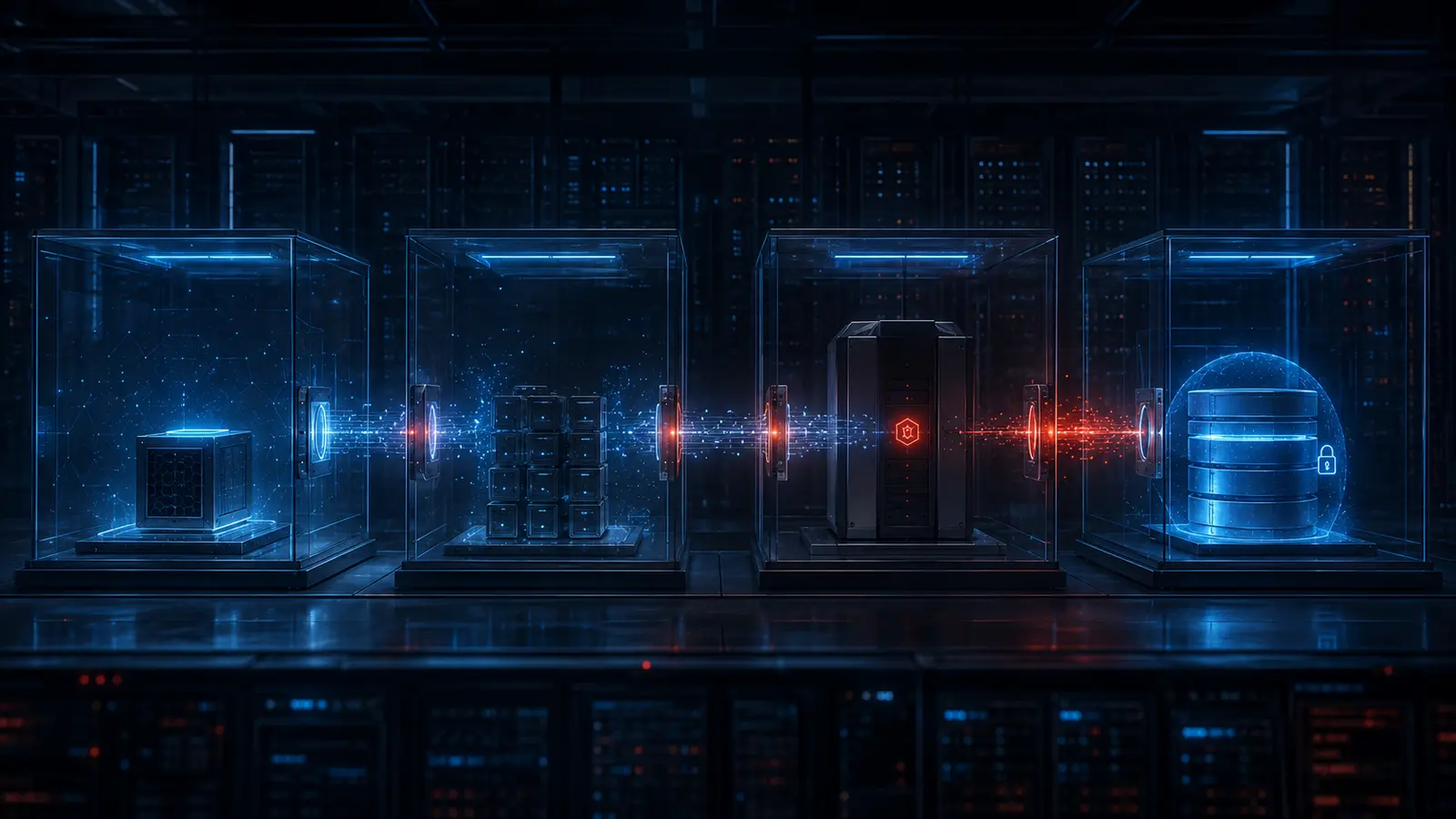 Four isolated zones show a path from a test environment through a proxy and network node to a protected database.