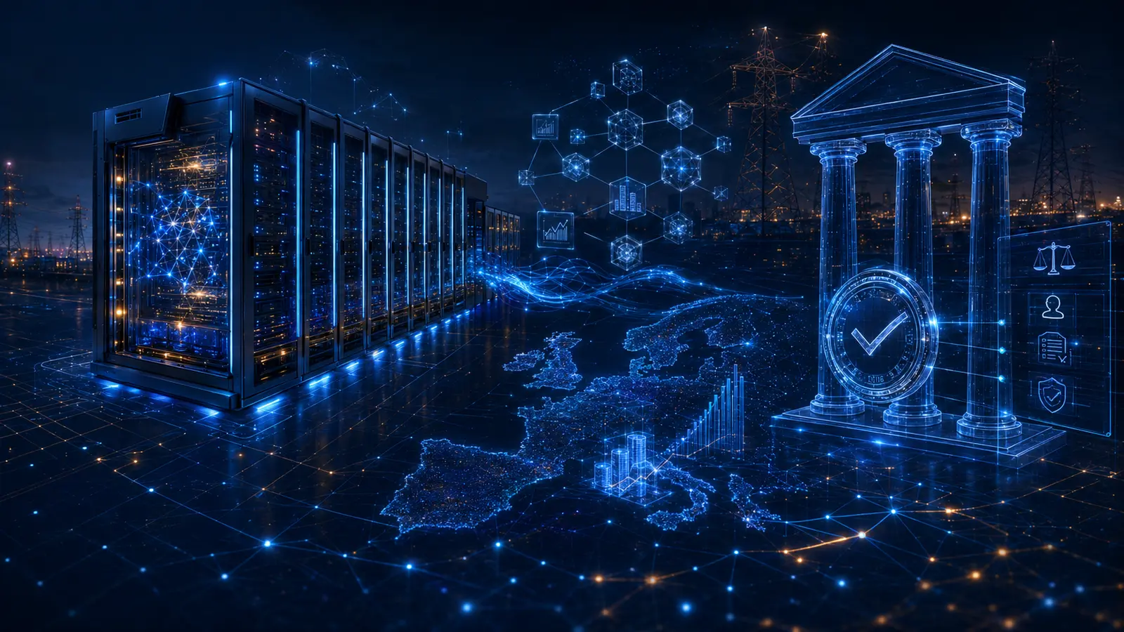 AI servers, a map of Europe, a power grid, an analytical chart and a verified digital-compliance symbol.