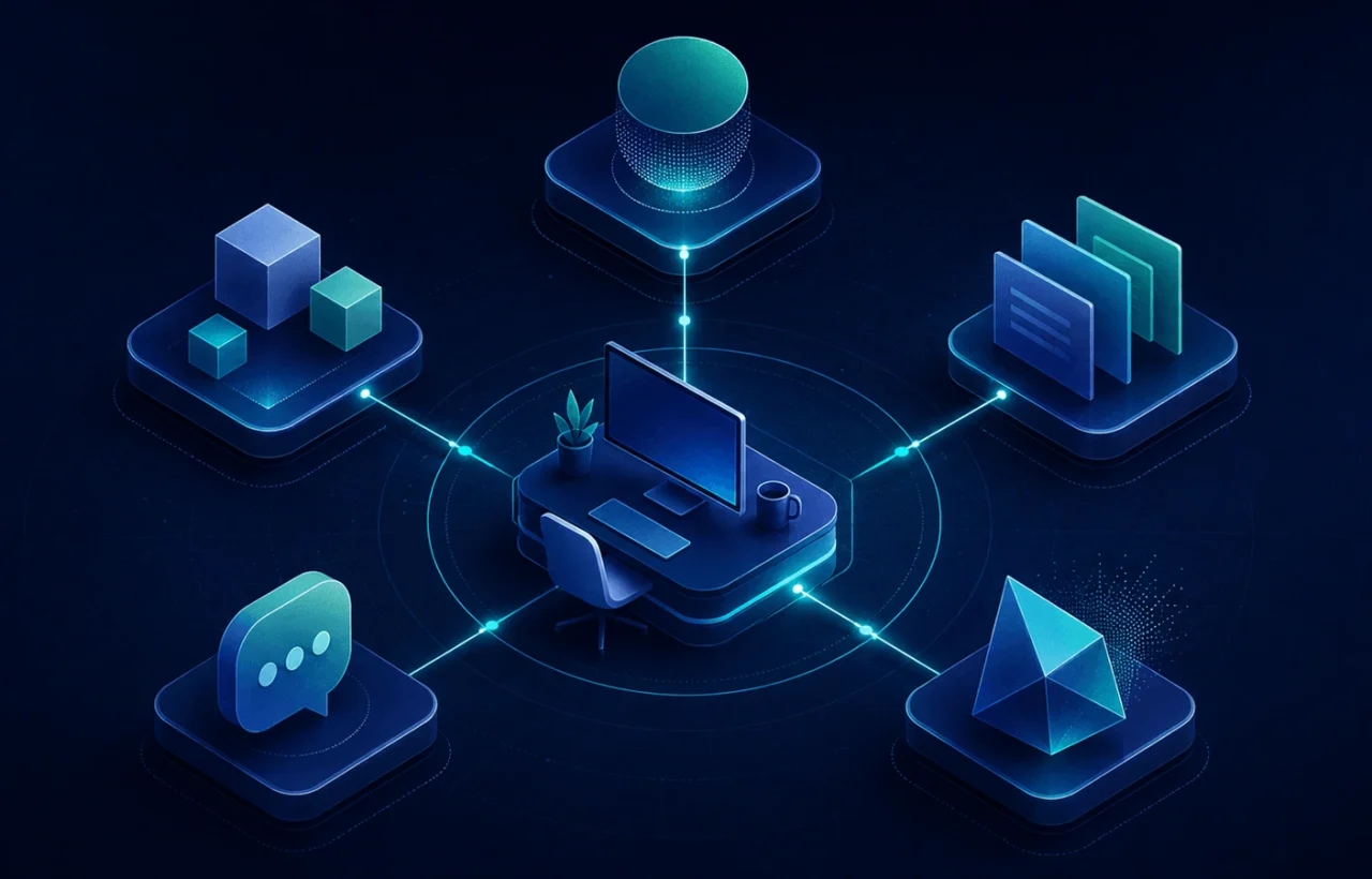A workstation sits at the center of a network connecting five different digital AI tools.
