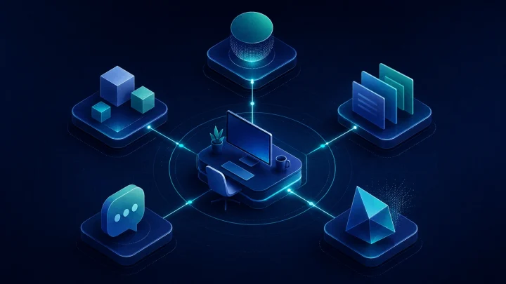 Робоче місце в центрі мережі з п’яти різних цифрових AI-інструментів.
