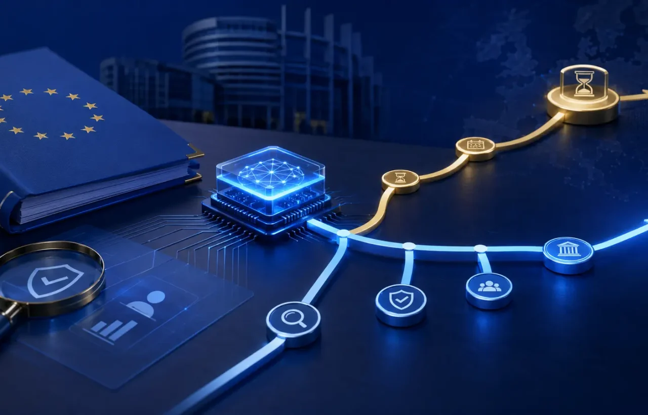 A conceptual EU AI regulation timeline splitting into delayed and still-applicable requirements.