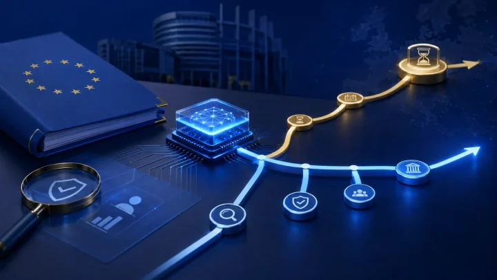 A conceptual EU AI regulation timeline splitting into delayed and still-applicable requirements.