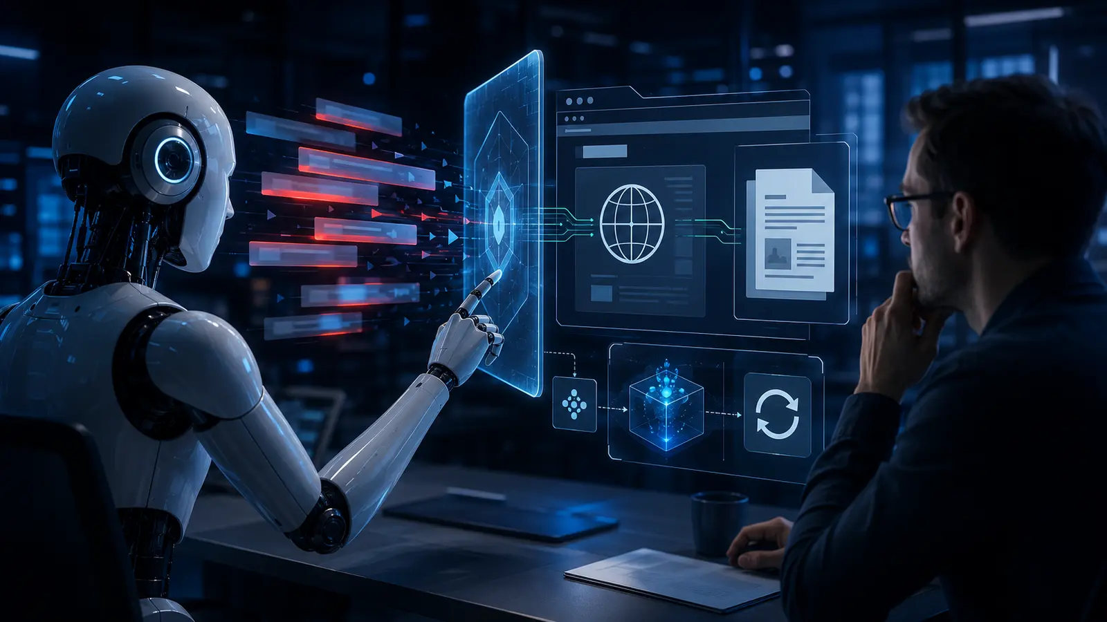 A digital shield in front of an AI core, a warning terminal and update modules in a server environment.