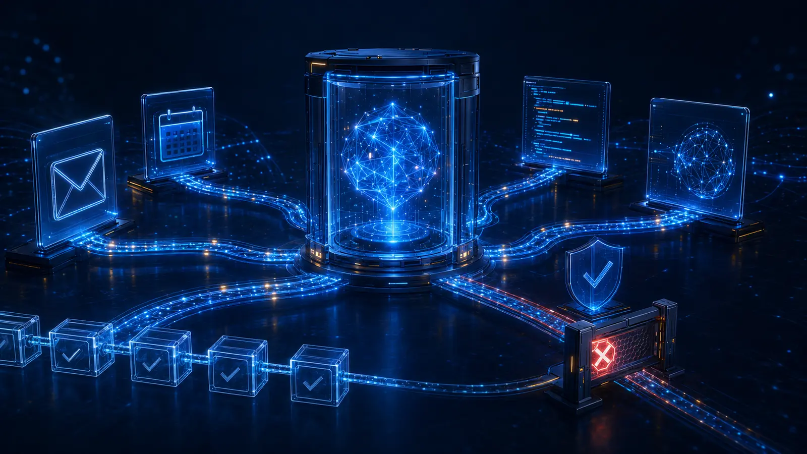 A luminous AI core in a secure chamber connected to email, calendar, code and browser panels, with a dangerous route blocked.