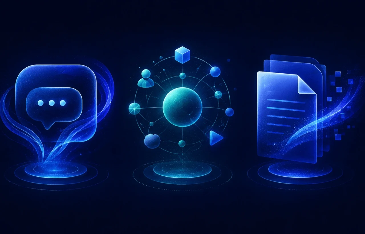 Три абстрактні AI-помічники представляють чат, цифрову екосистему та роботу з документами.