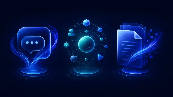 Три абстрактні AI-помічники представляють чат, цифрову екосистему та роботу з документами.
