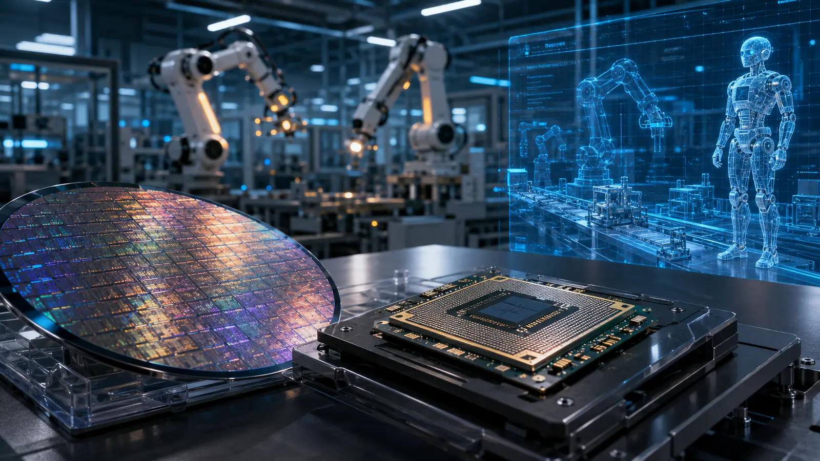 A silicon wafer and microchip in front of robotic arms and a digital model of a factory.