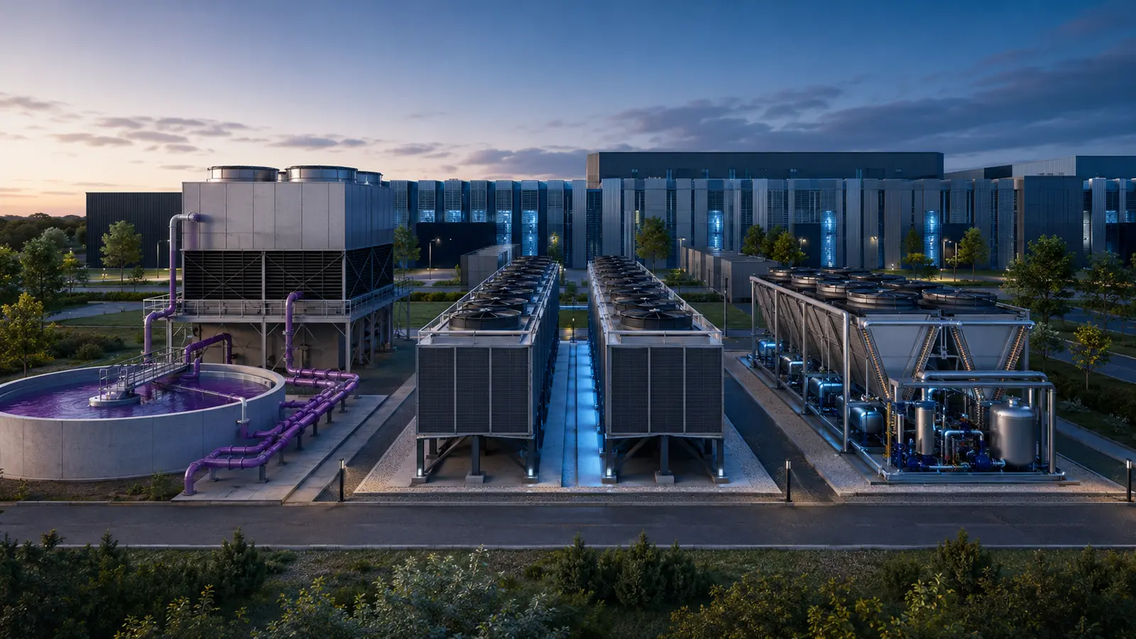 Reclaimed-water, dry-cooling, and hybrid systems used to cool data centers.