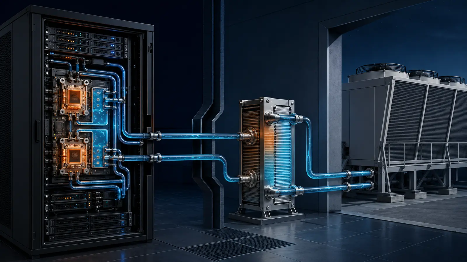 Cooling system carrying heat from server racks to a heat exchanger and outdoor cooling equipment.