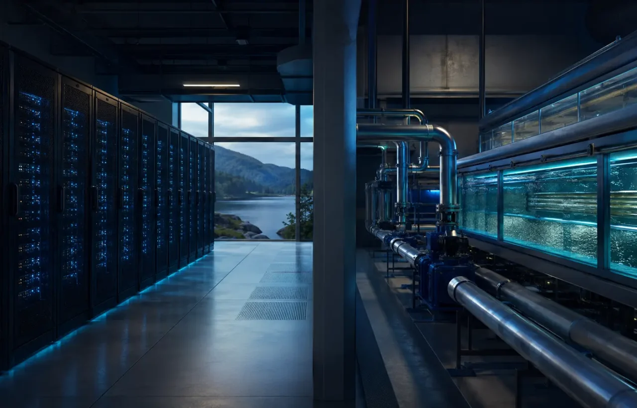 Server racks beside cooling pipes and water tanks at a data center.