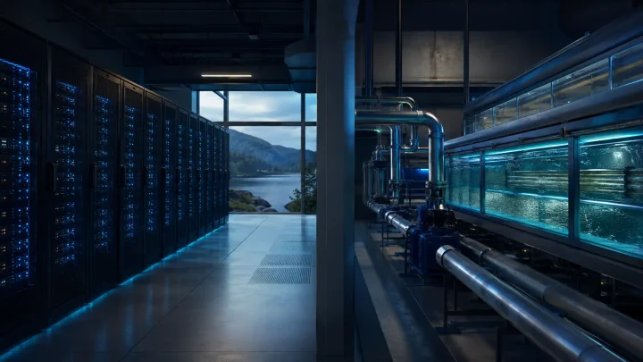 Server racks beside cooling pipes and water tanks at a data center.