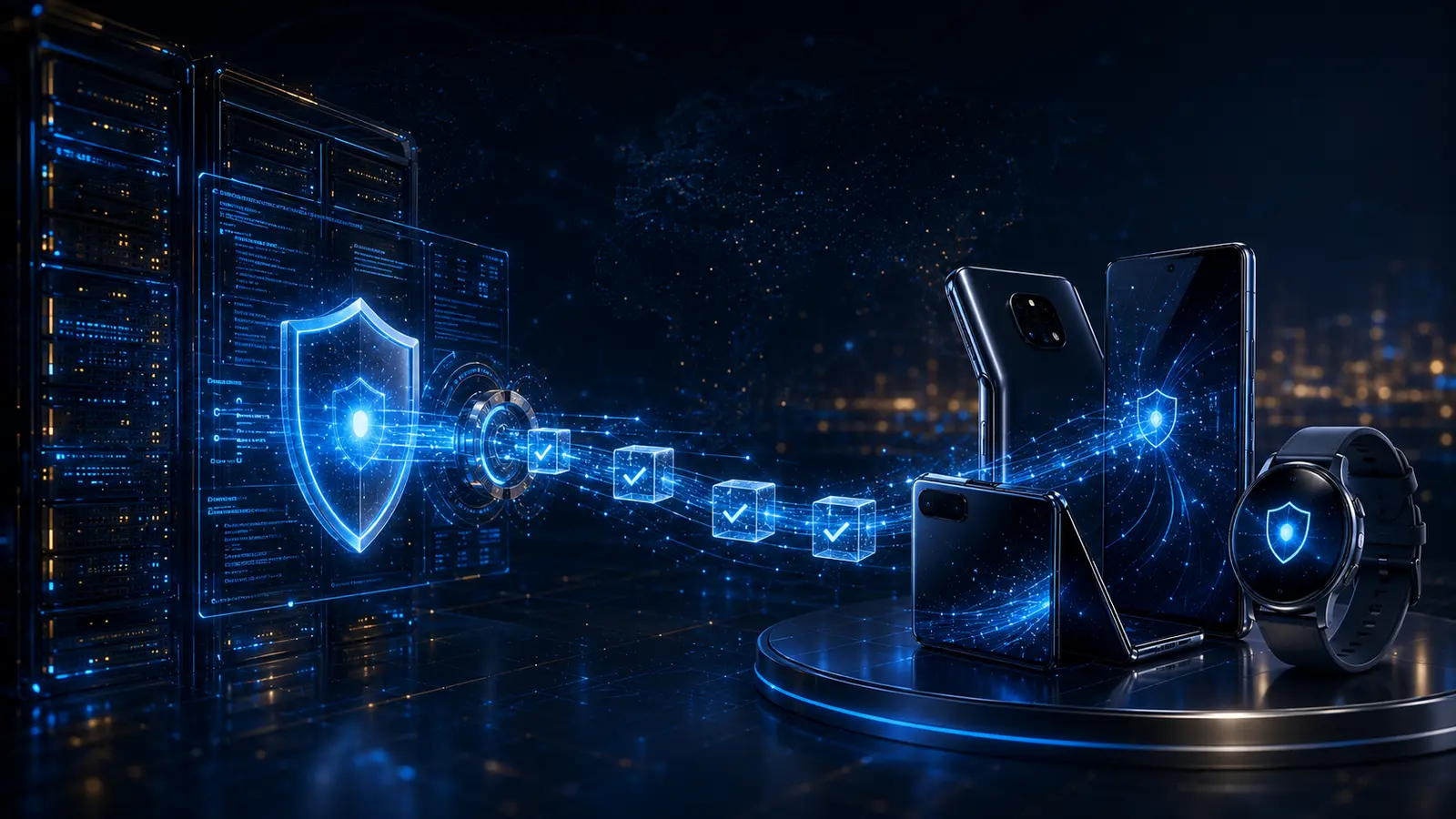 A secured server sends verified update packets to foldable smartphones and a smartwatch.