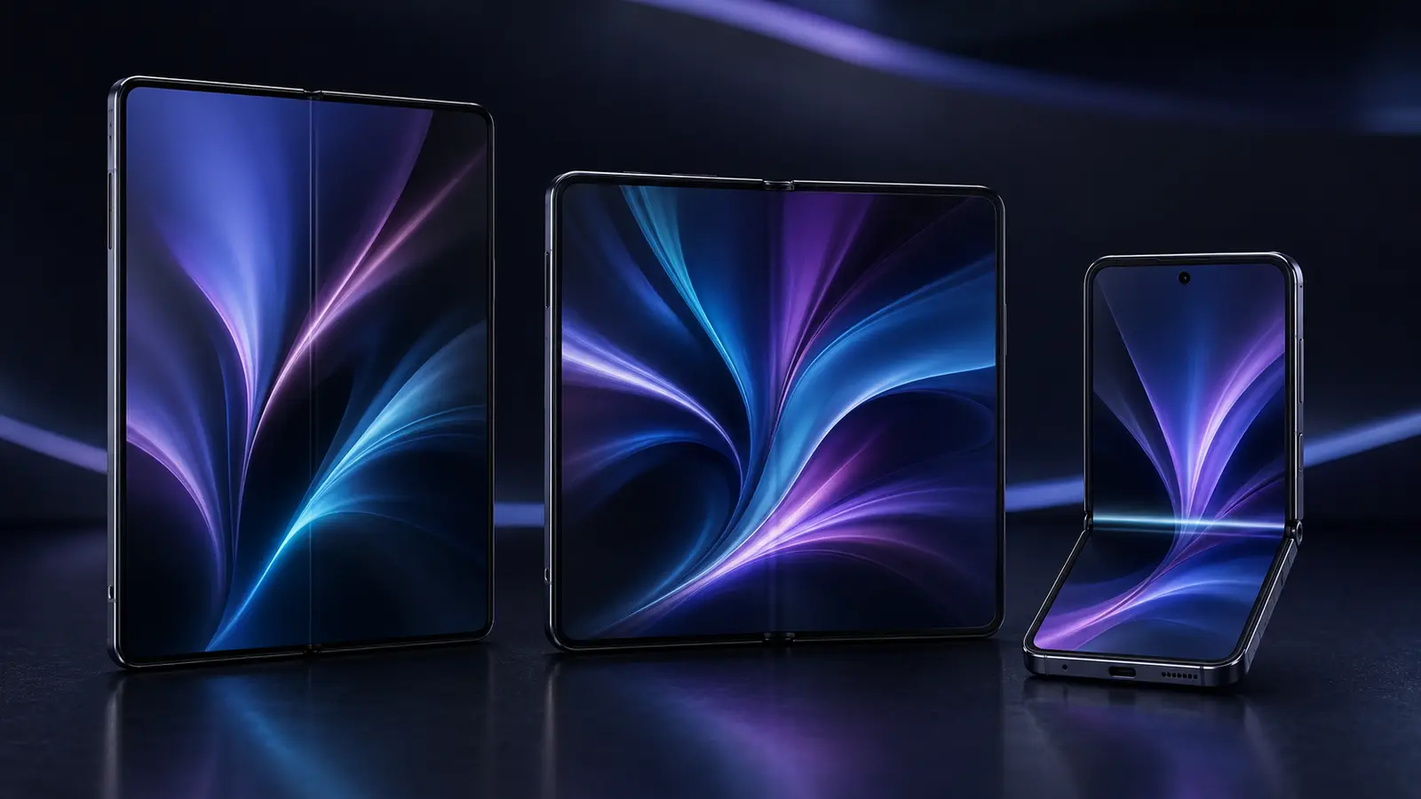 Three foldable form factors: a large book-style phone, a wide near-square Fold and a compact Flip.