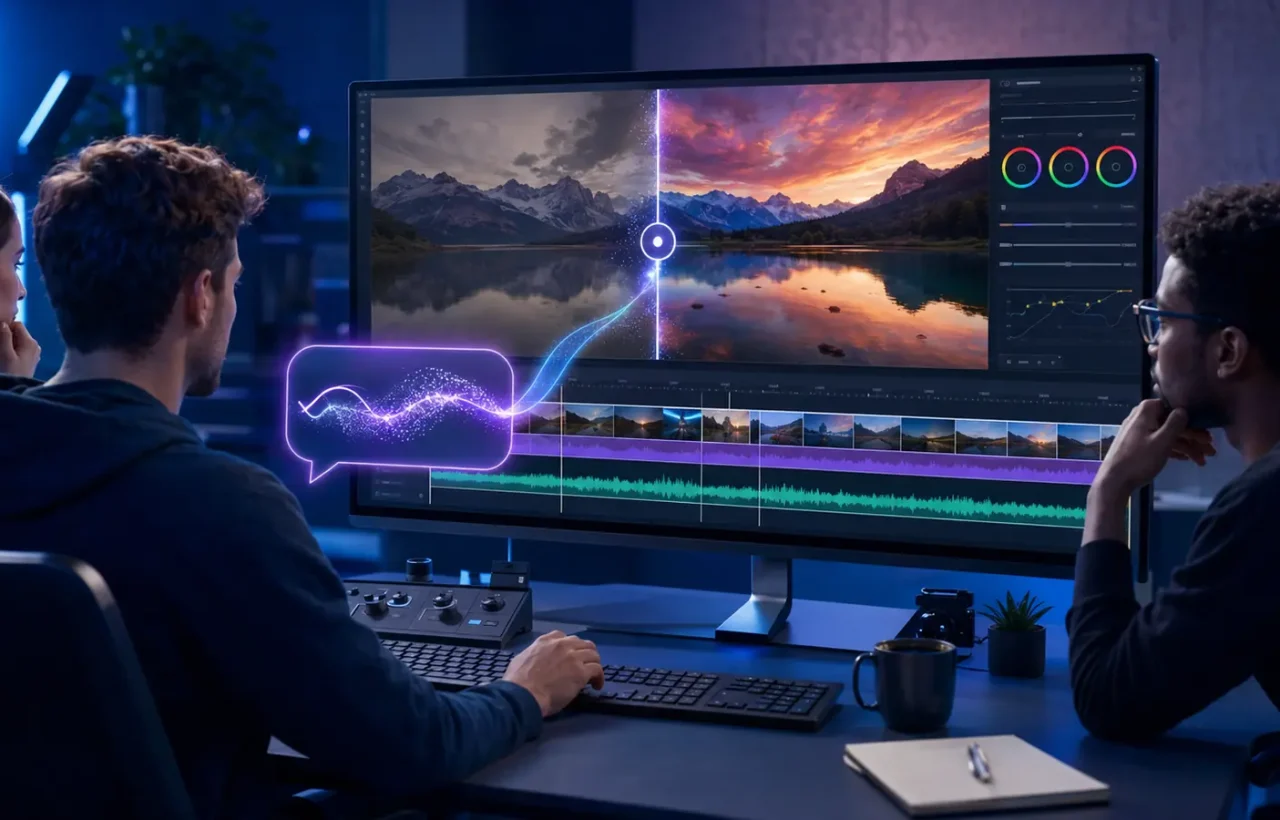 A team edits a short video with a text AI instruction, timeline, and colour-correction controls.