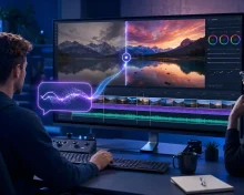 A team edits a short video with a text AI instruction, timeline, and colour-correction controls.