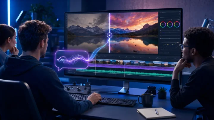 A team edits a short video with a text AI instruction, timeline, and colour-correction controls.