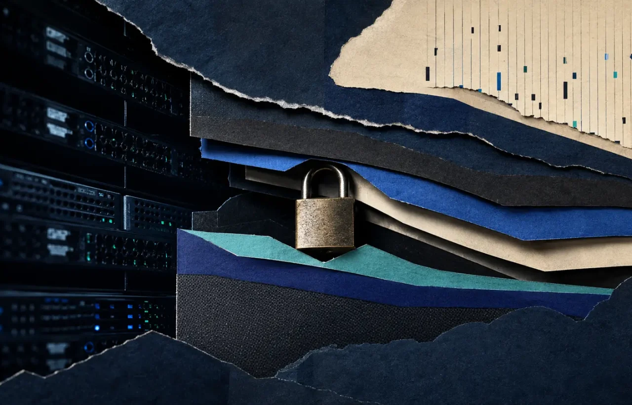 Server racks and a padlock among layered paper shapes illustrating a Linux kernel flaw