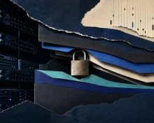 Server racks and a padlock among layered paper shapes illustrating a Linux kernel flaw