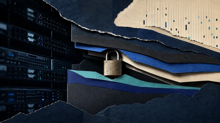 Server racks and a padlock among layered paper shapes illustrating a Linux kernel flaw