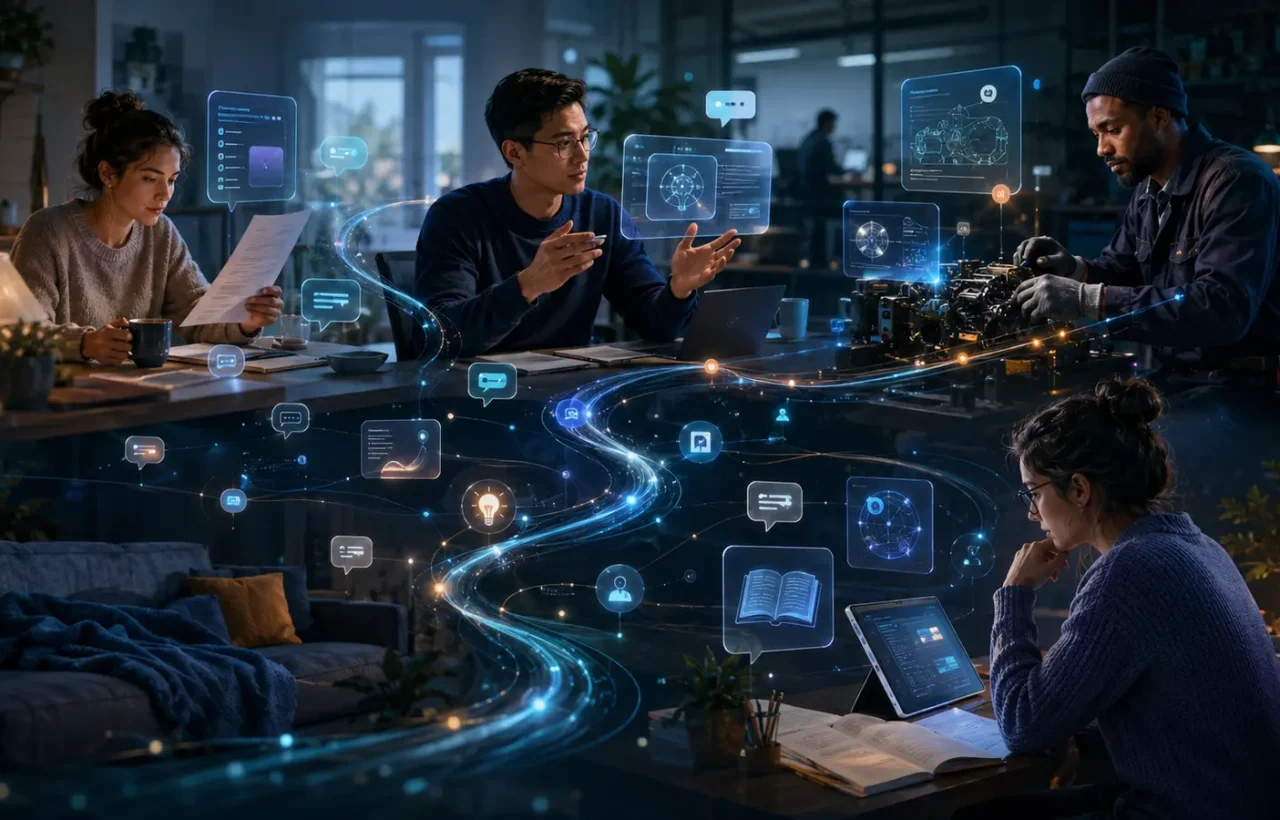 People in office, workshop, learning and home settings collaborate with abstract AI interfaces.