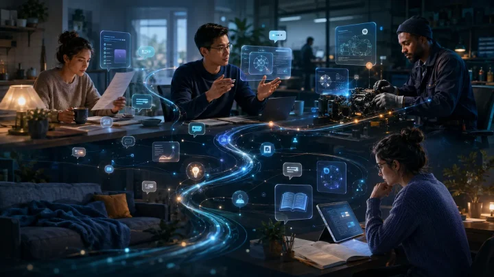 People in office, workshop, learning and home settings collaborate with abstract AI interfaces.