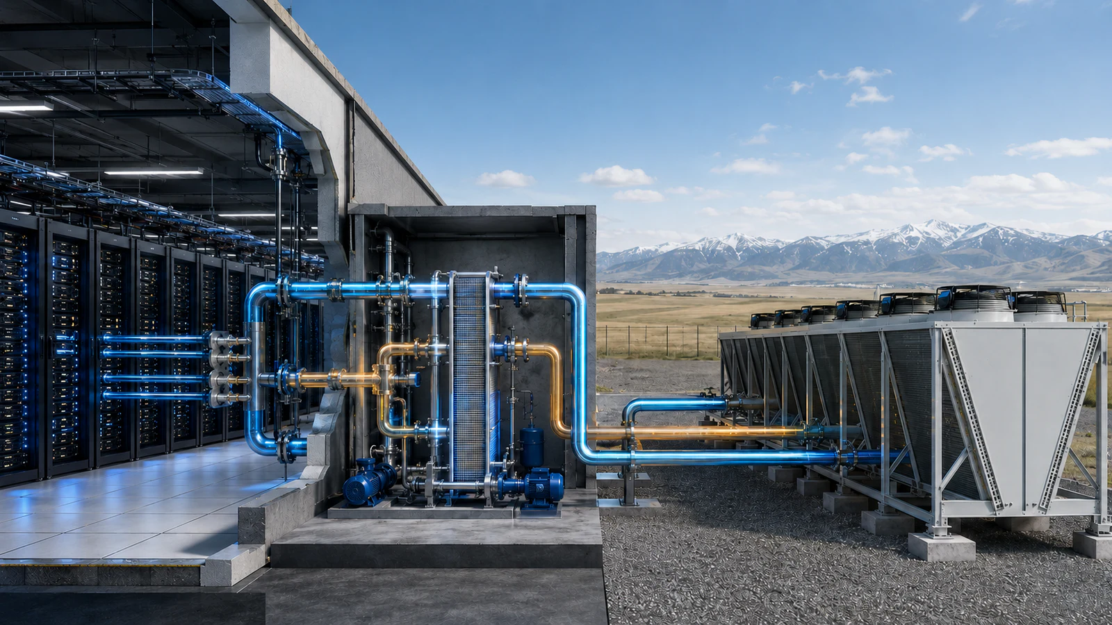 Liquid carries heat from servers through a heat exchanger to outdoor dry coolers.
