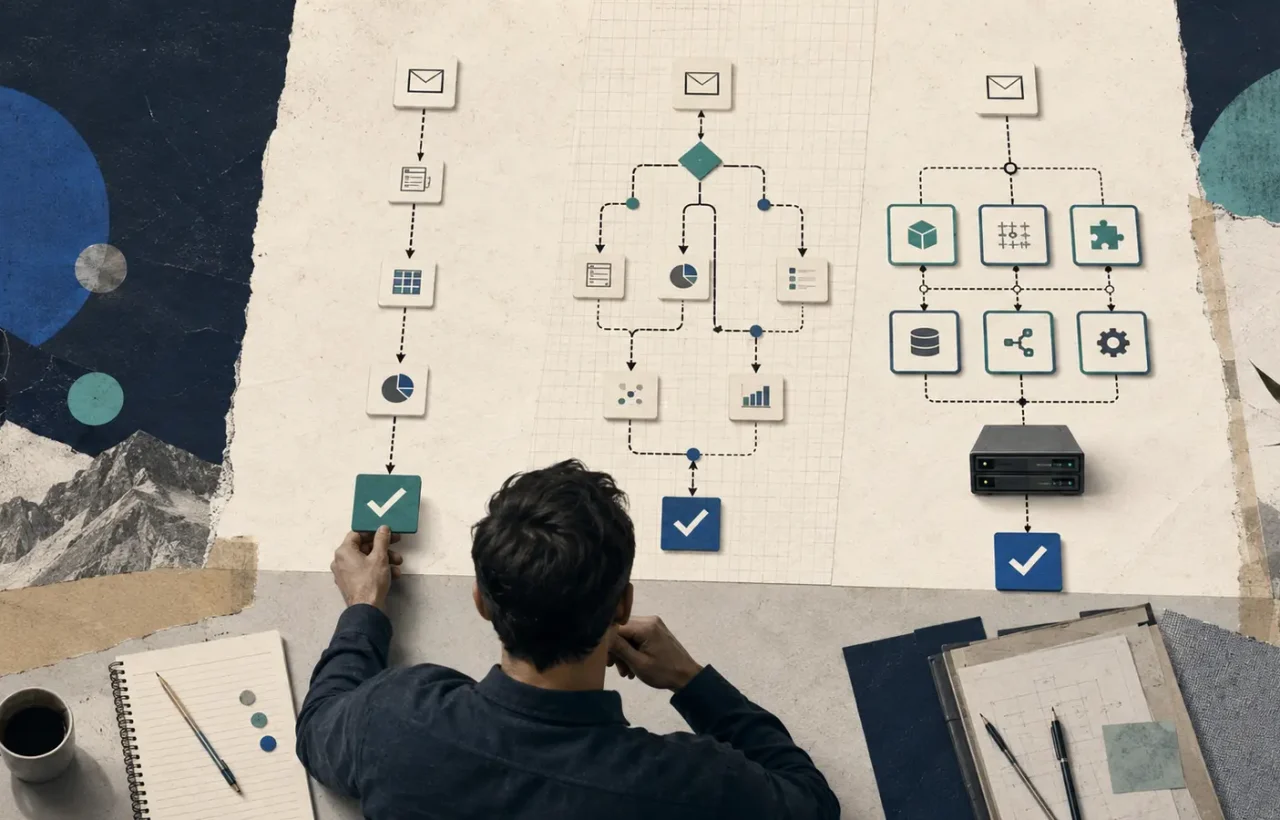 Three automation builders connect email, spreadsheets, CRM, and AI through controlled workflows.
