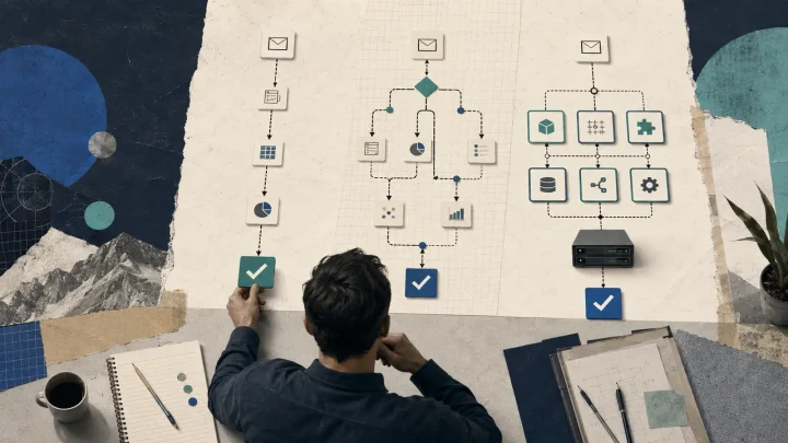 Three automation builders connect email, spreadsheets, CRM, and AI through controlled workflows.