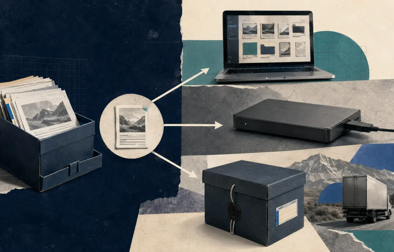 An important archive is copied to a computer, an external drive, and a separate box transported to another location.