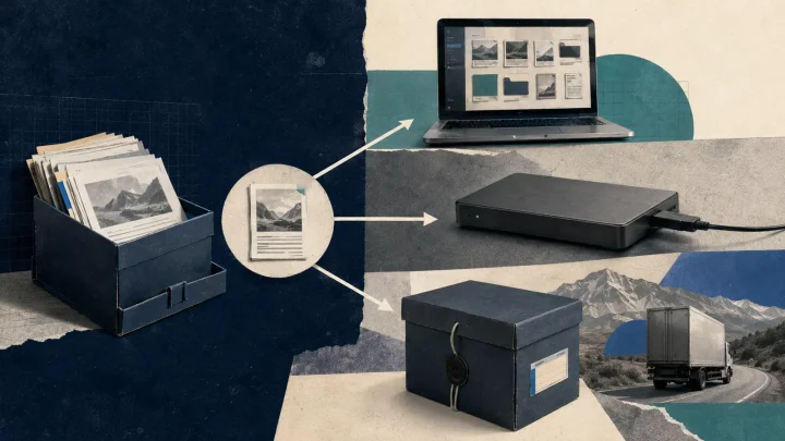 An important archive is copied to a computer, an external drive, and a separate box transported to another location.