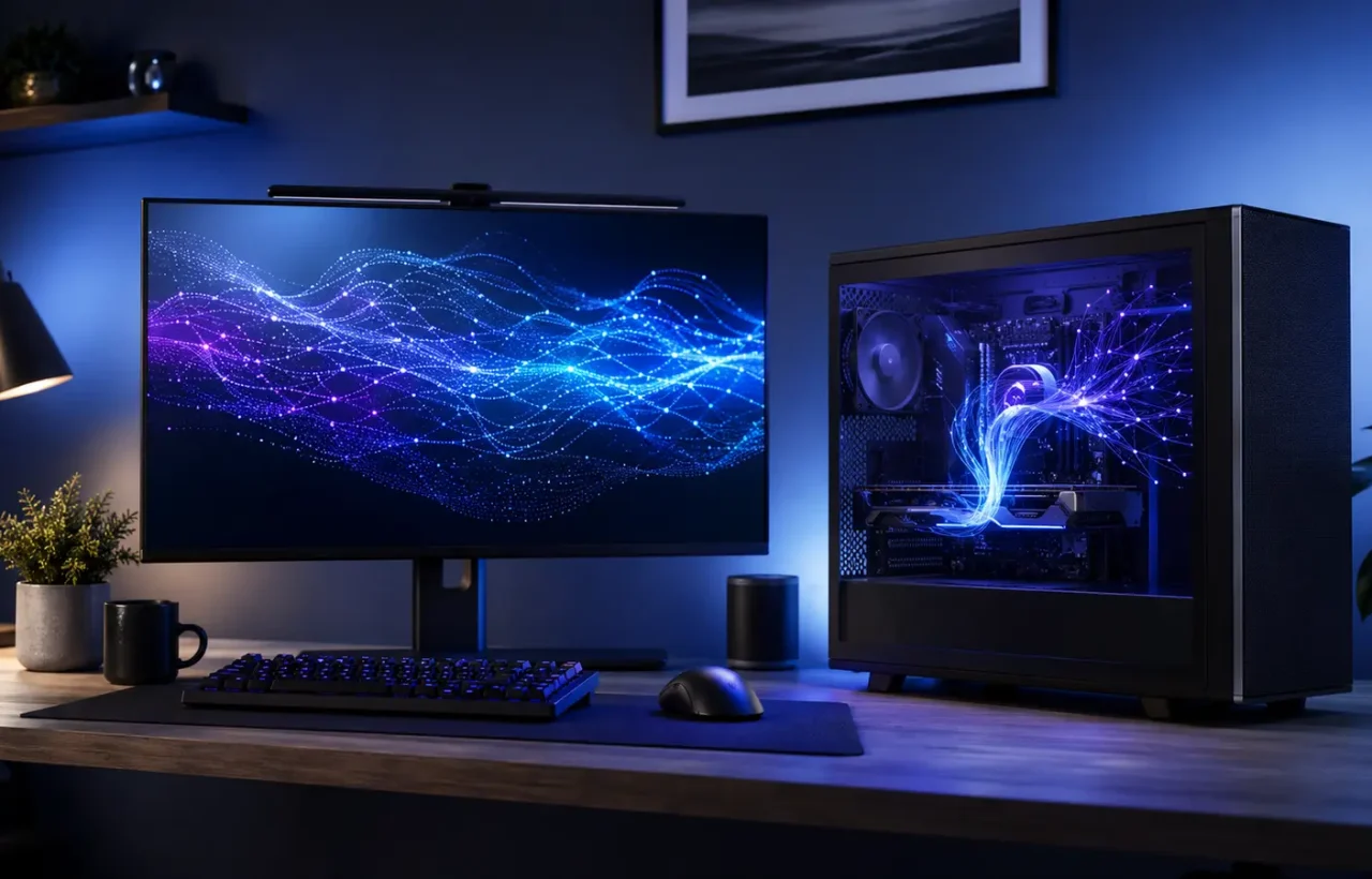 A desktop computer with a graphics card and an abstract neural network, representing local AI inference.