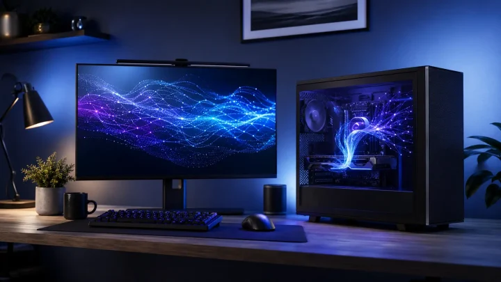 A desktop computer with a graphics card and an abstract neural network, representing local AI inference.