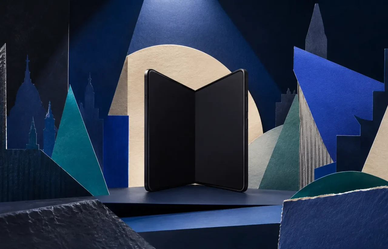 Abstract foldable device silhouette for Samsung Galaxy Unpacked in London