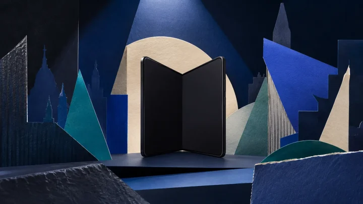Abstract foldable device silhouette for Samsung Galaxy Unpacked in London