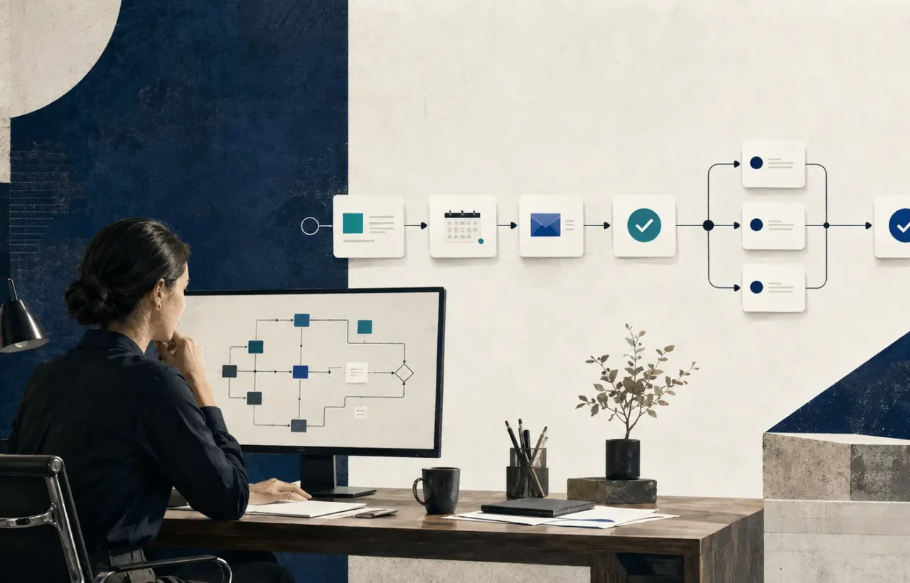 A person supervises an AI agent as it completes a controlled sequence of work steps with approved tools.