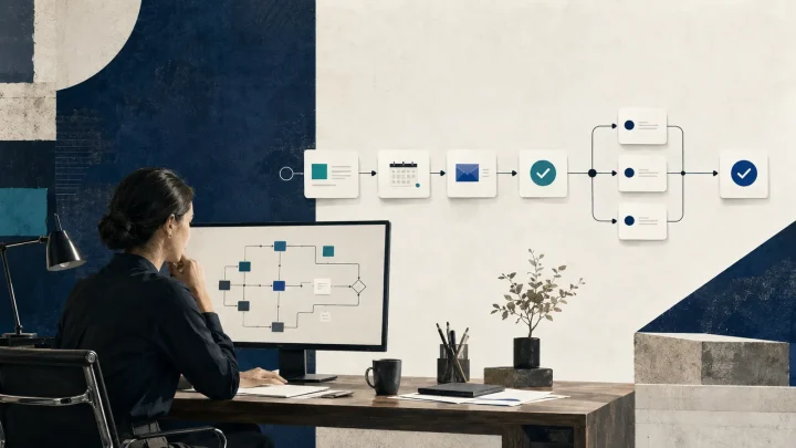 A person supervises an AI agent as it completes a controlled sequence of work steps with approved tools.