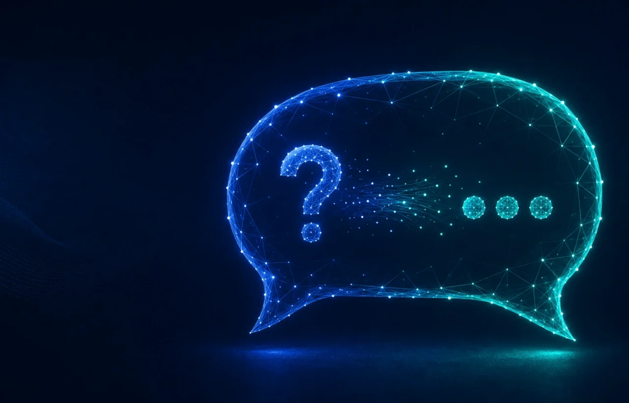 A neon chat bubble with a question mark and a stream of digital data.