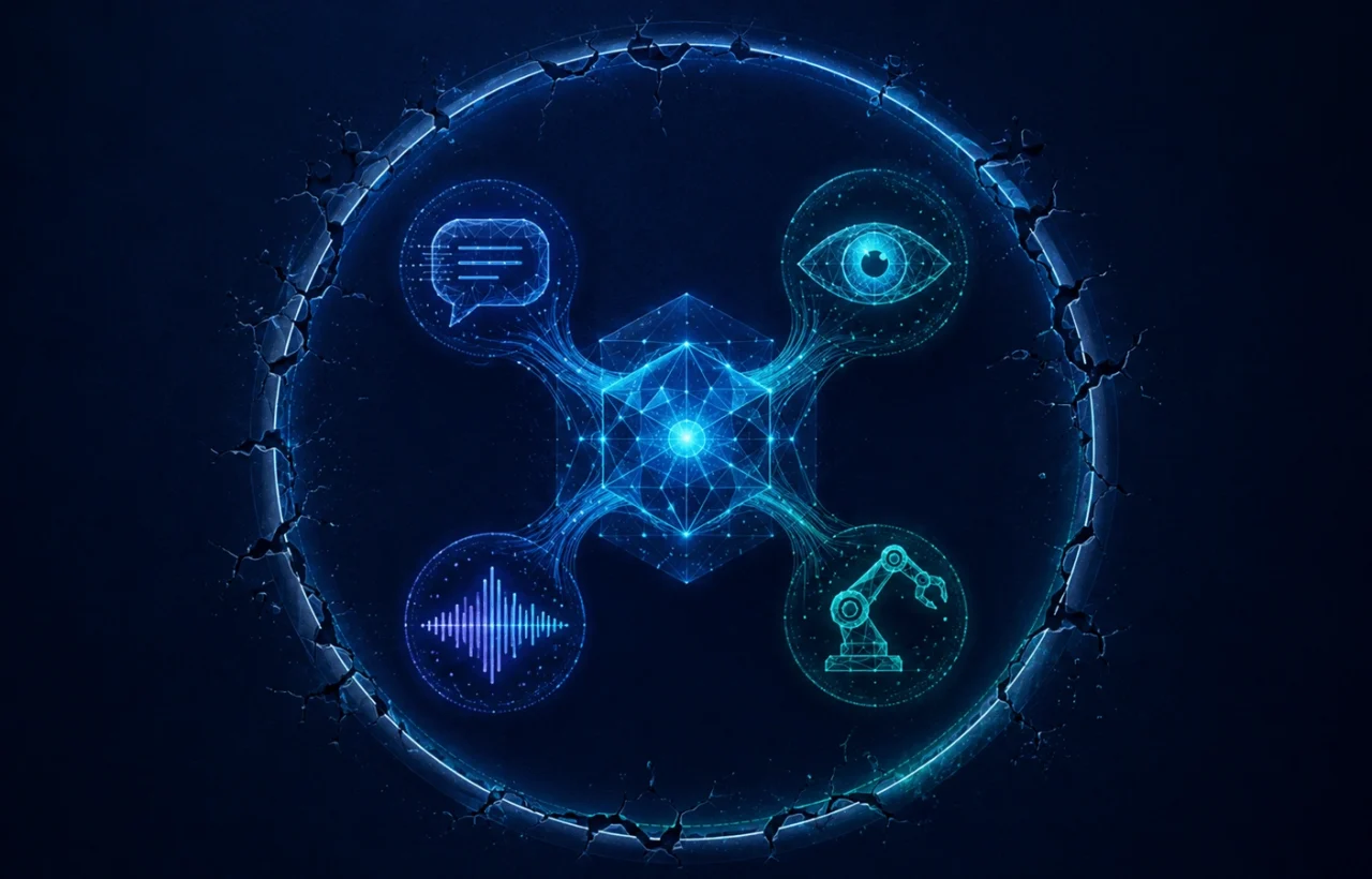 A central AI core connects to symbols for text, computer vision, audio, and robotics.