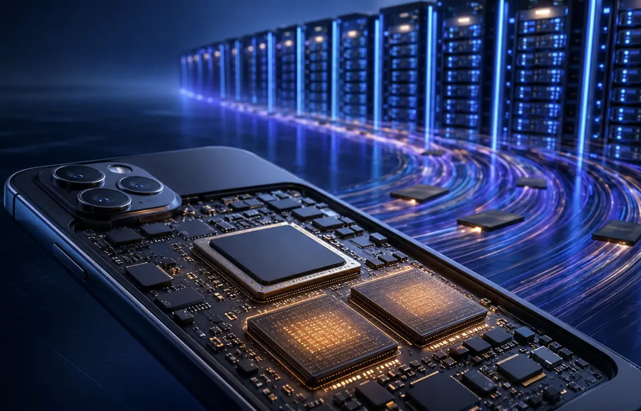 A smartphone with exposed chips in front of AI data-center servers, representing competition for semiconductor supply.