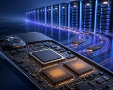 A smartphone with exposed chips in front of AI data-center servers, representing competition for semiconductor supply.