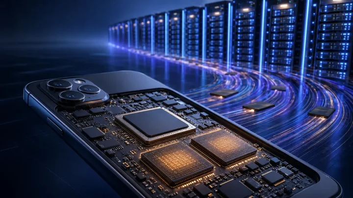 A smartphone with exposed chips in front of AI data-center servers, representing competition for semiconductor supply.