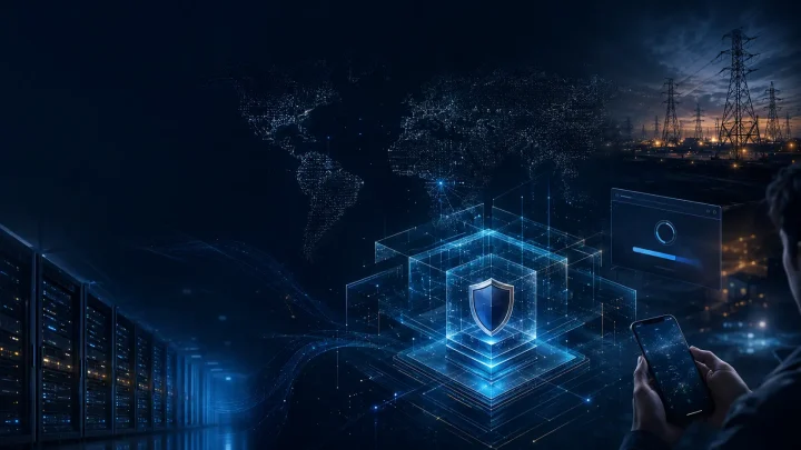 A collage of a server hall, microchip, security shield, power grid and smartphone against a world map.