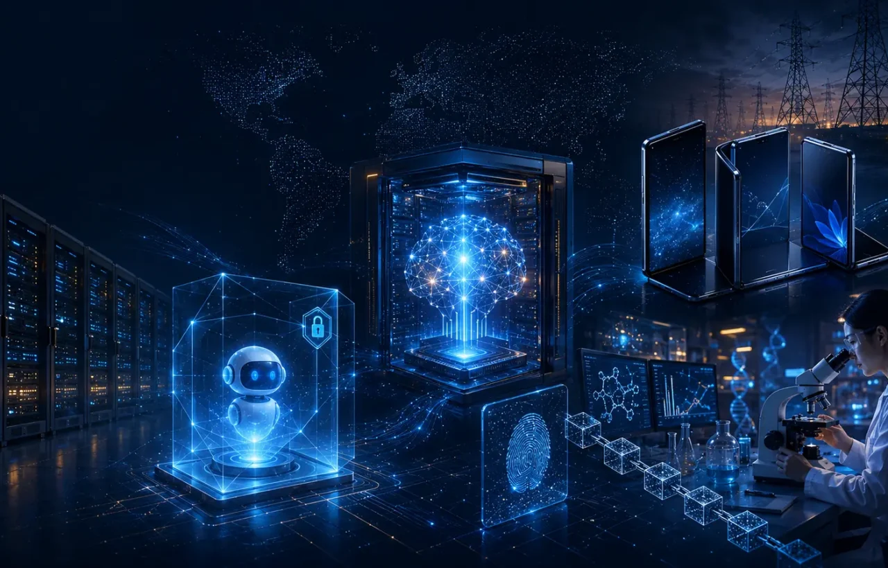 A collage of server racks, a secured AI agent, foldable phones, a laboratory and a power grid.